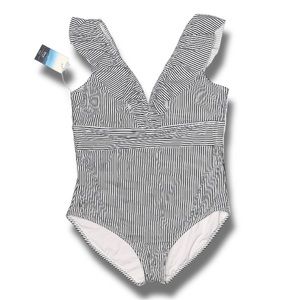 Aava Oceane Retro One Piece Swimsuit Navy White Strip Padded V-neck Size XL NWT